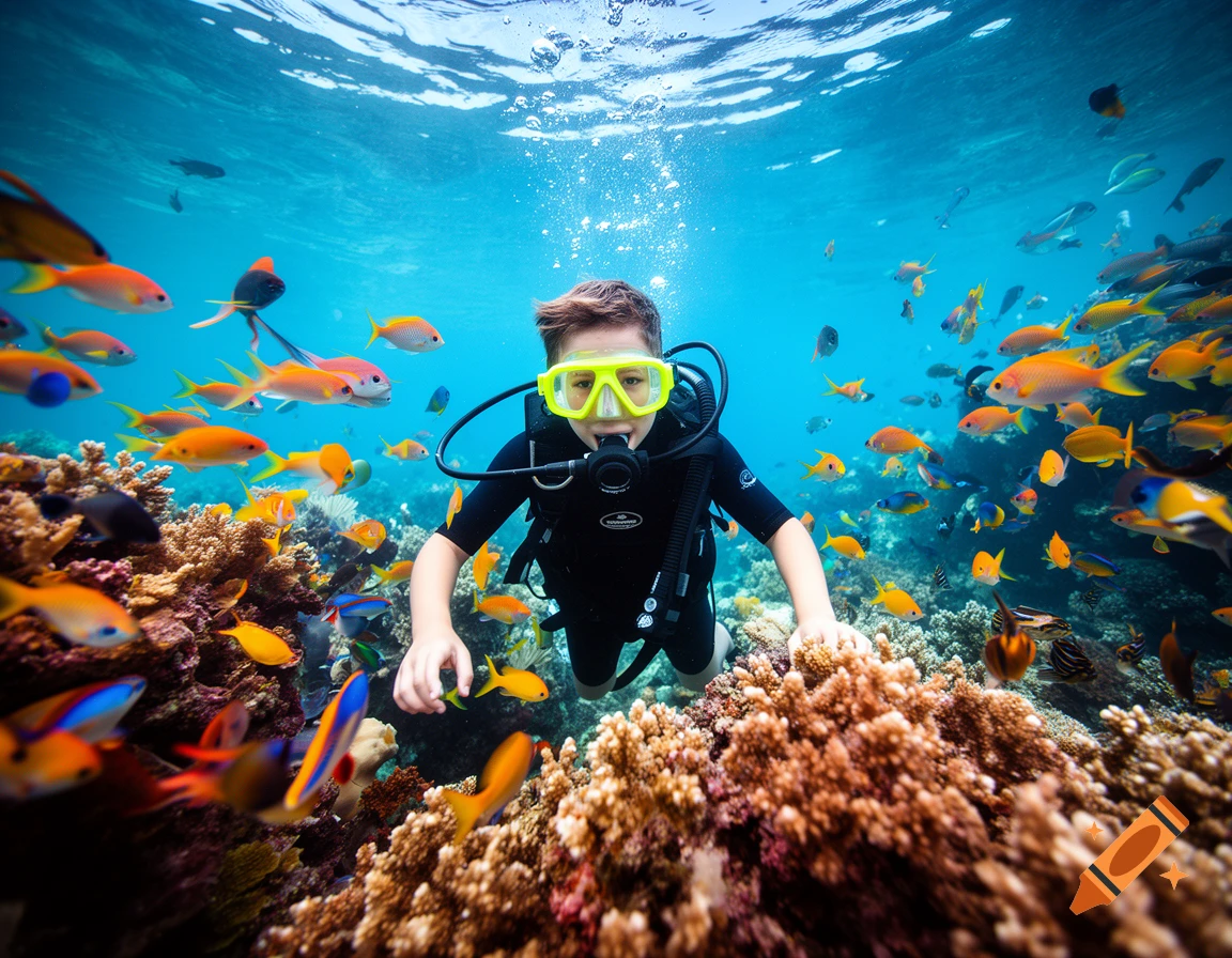 A boy in scuba gear swims underwater amidst colorful coral and tropical fish in a photorealistic style.