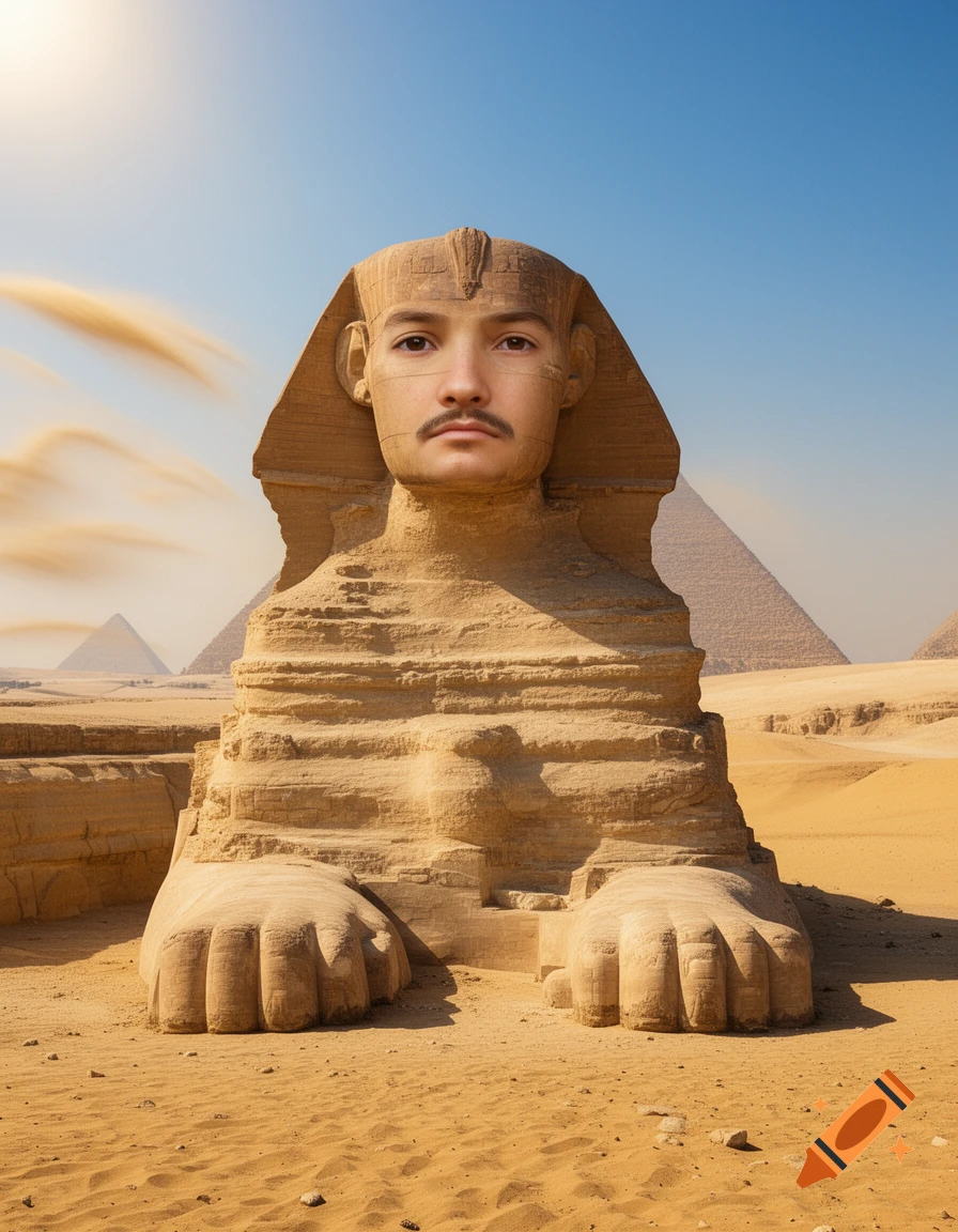 A sphinx statue with a realistic human face and mustache stands in a sandy desert with ancient pyramids in the background under a clear blue sky.