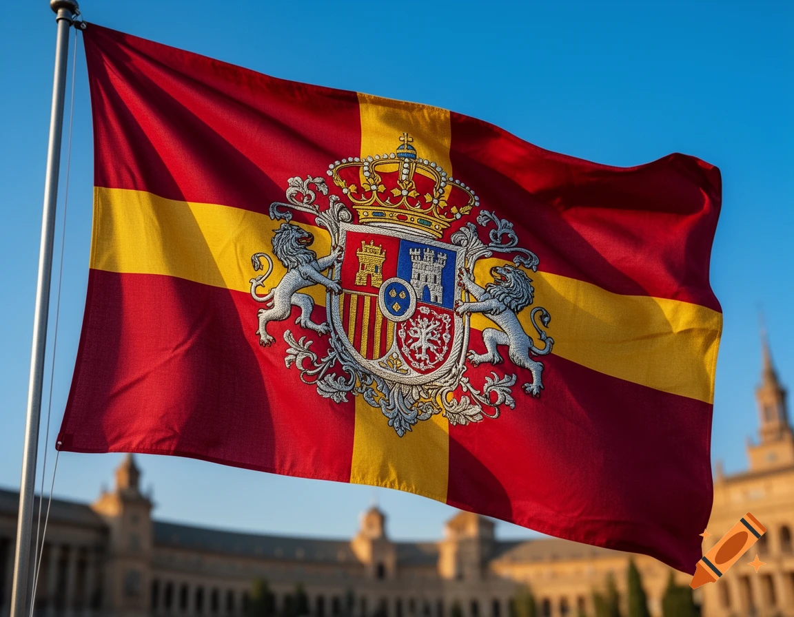 The Spanish national flag, featuring red and yellow stripes and a detailed coat of arms, waves against a clear blue sky above a historic building.