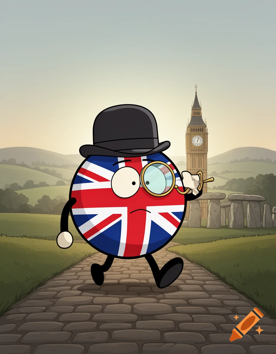 A South Park style cartoon United Kingdom countryball in a bowler hat walks with a magnifying glass past Big Ben and Stonehenge.