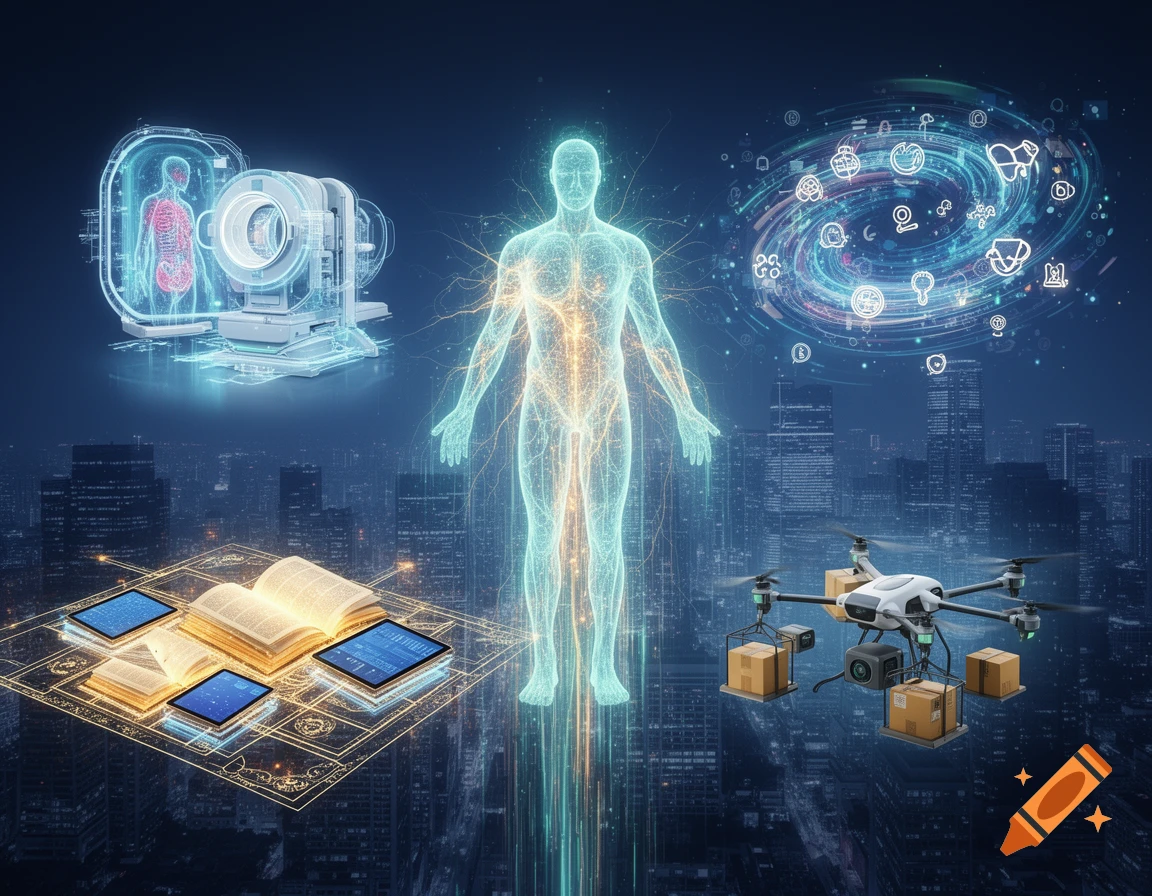 Futuristic digital art with a glowing human figure, medical scanner, data icons, books on tablets, and a drone over a cityscape.
