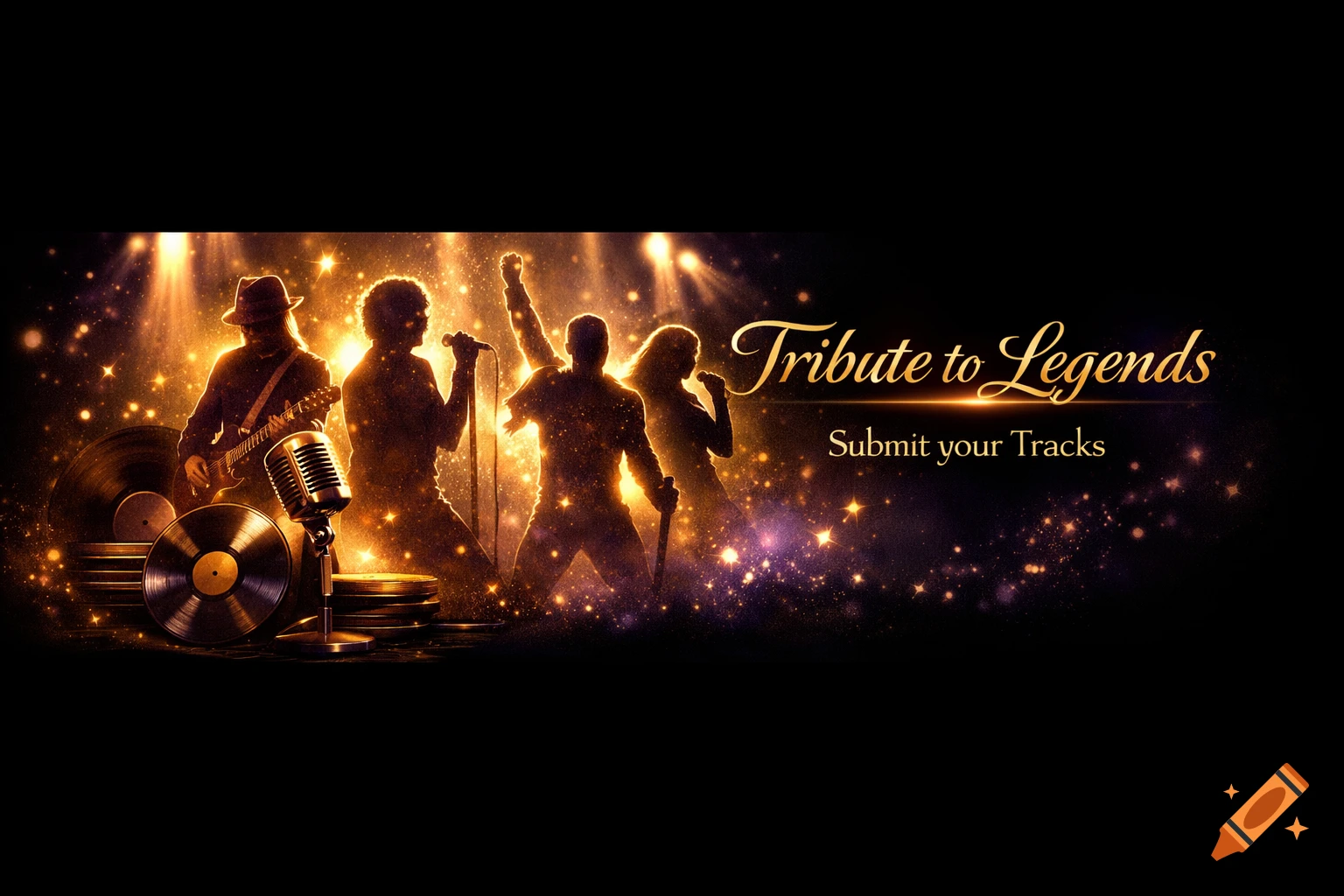 Golden silhouettes of musicians, vinyl records, and microphones on a dark background. Text 'Tribute to Legends' and 'Submit your Tracks'.