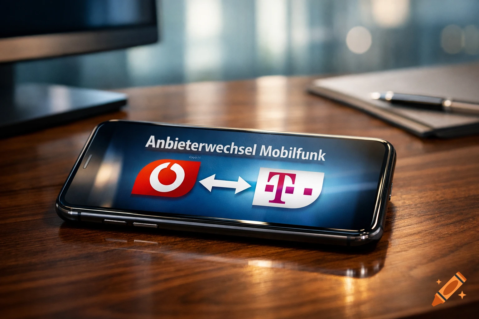 Smartphone on a wooden desk displays a graphic for changing mobile providers from Vodafone to Telekom.
