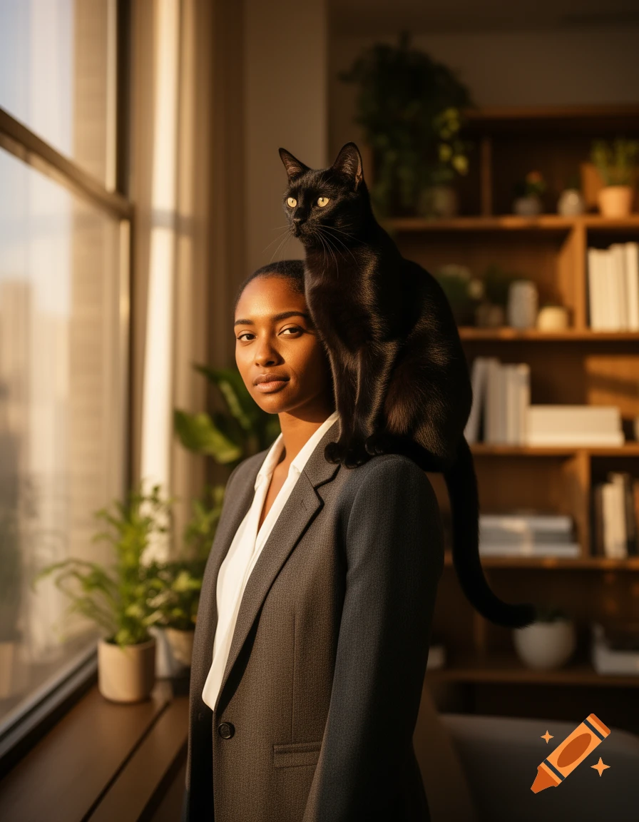 A woman in a suit looks at the camera with a black cat on her shoulder, bathed in warm light from a window.