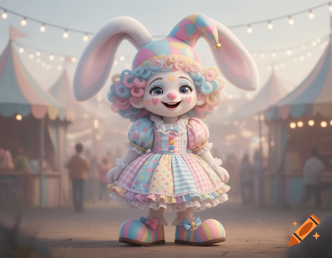A cute pastel clown bunny girl with fluffy hair, a colorful dress, and large shoes smiles at a blurry carnival background. Stylized render.