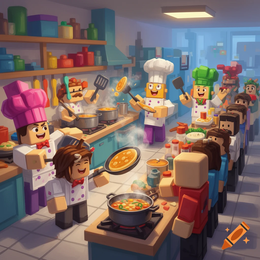 Roblox-style chefs cook in a busy kitchen, preparing food and flipping pancakes.