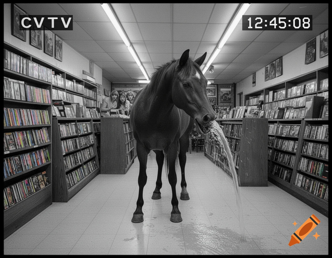 Black and white CCTV footage shows a horse vomiting water in the aisle of a video rental store as people watch.