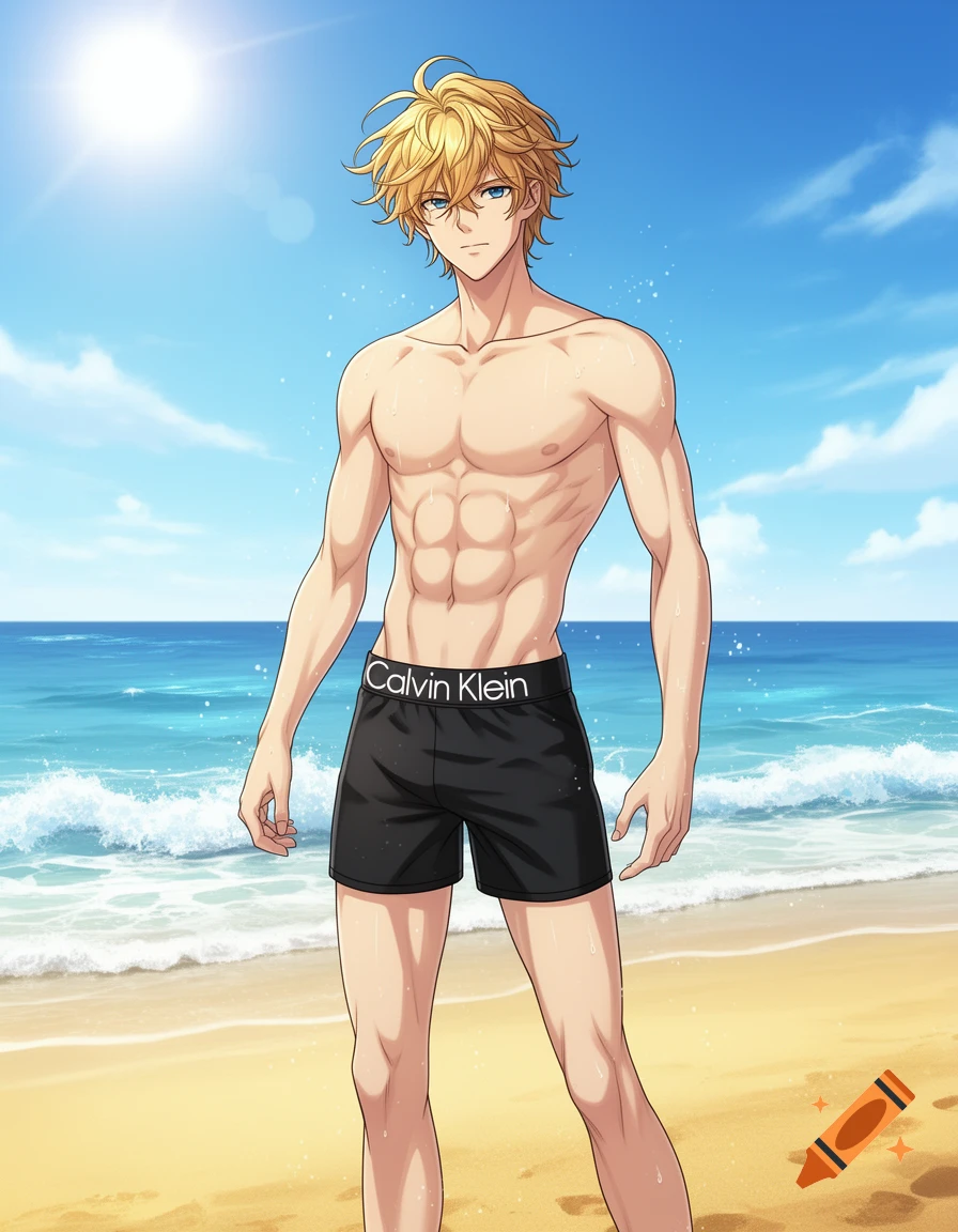 A lean, muscular anime male in black Calvin Klein swim shorts stands on a sunny beach.