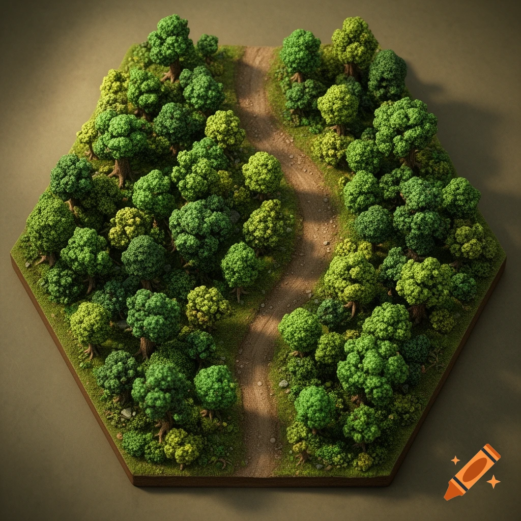 Top-down view of a hexagonal miniature game tile with a dense, green forest and a winding dirt path, evoking a medieval fantasy setting.