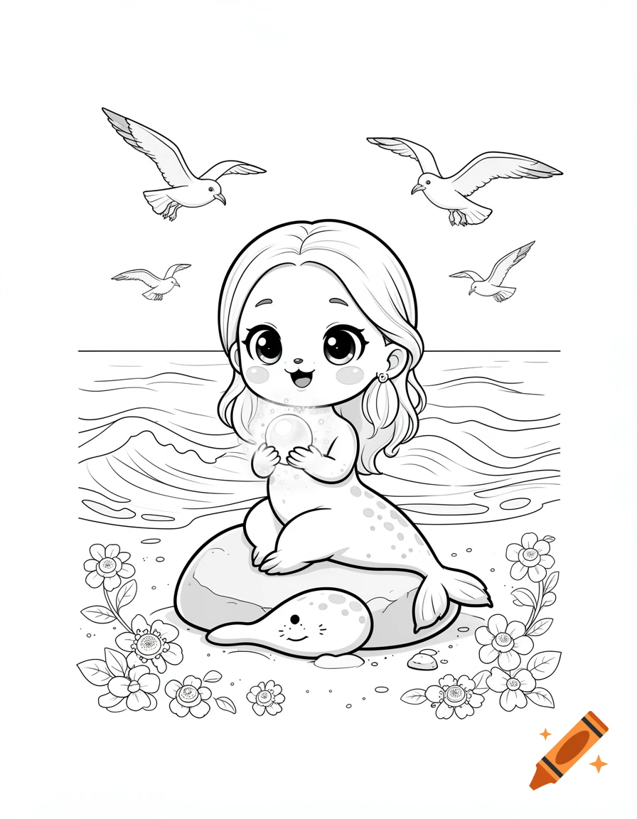 Black and white coloring page of a cute chibi selkie seal girl holding a pearl, sitting on a beach rock with a baby seal, seagulls, and flowers.