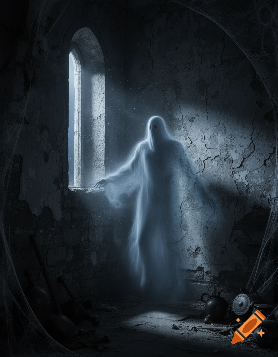Translucent ghost in a dark, dilapidated room with cobwebs, reaching towards a bright arched window.