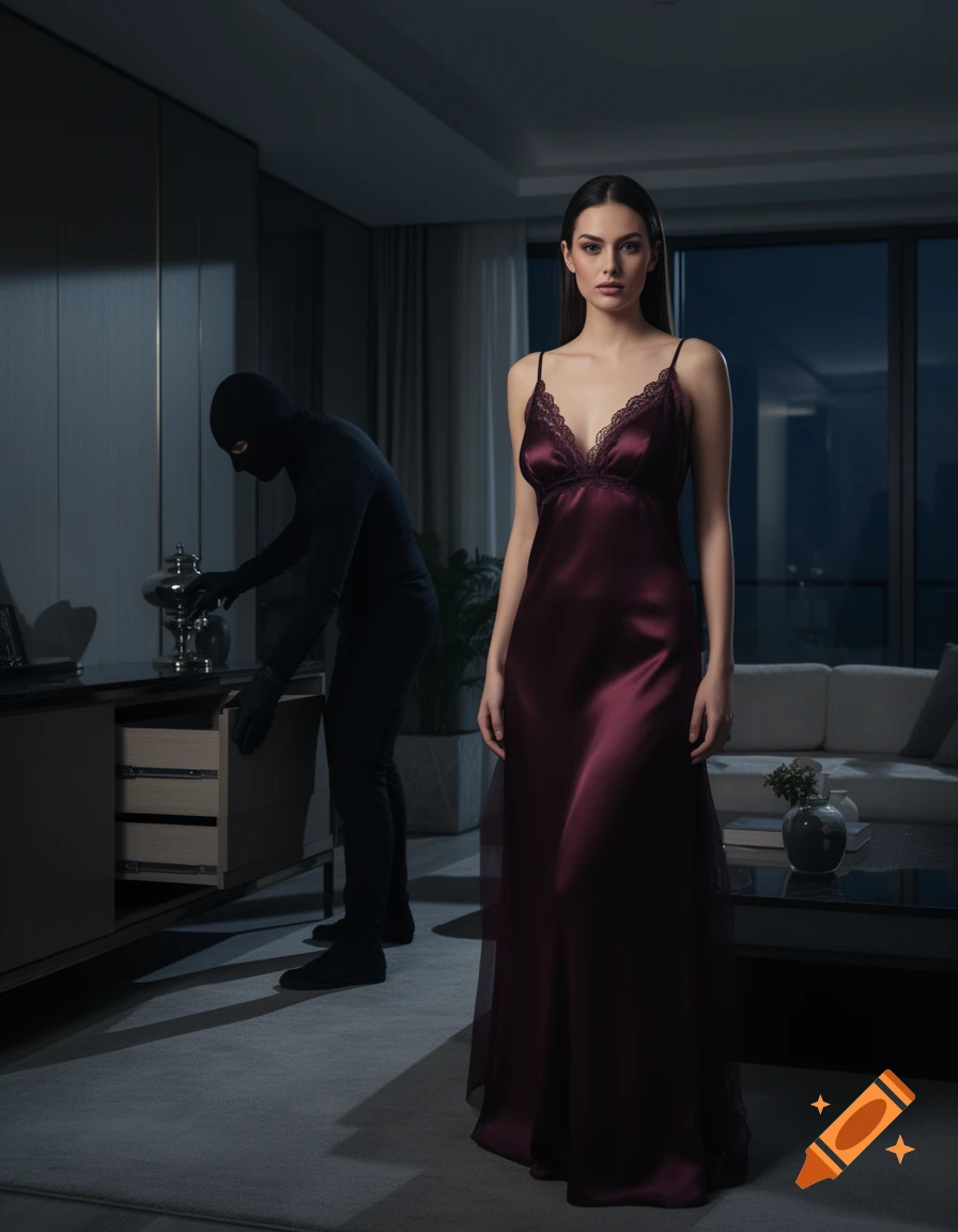 A woman in a long, dark red satin nightgown stands in a dimly lit room as a masked burglar searches drawers in the background.