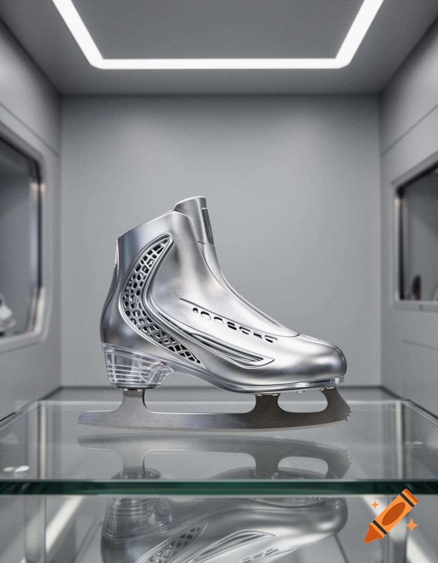 A sleek, metallic silver futuristic ice skate with intricate cutouts and a clear heel, displayed on a glass shelf in a minimalist, modern room.