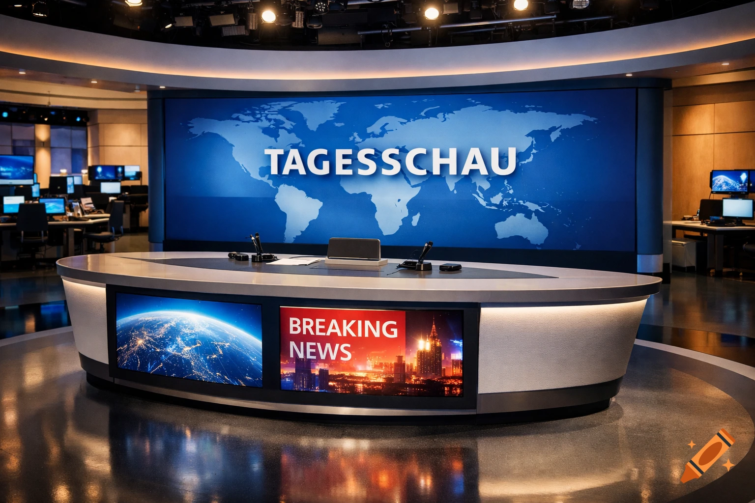 A modern news studio with a large screen displaying 'TAGESSCHAU' over a world map, and a desk with 'BREAKING NEWS' on a monitor.