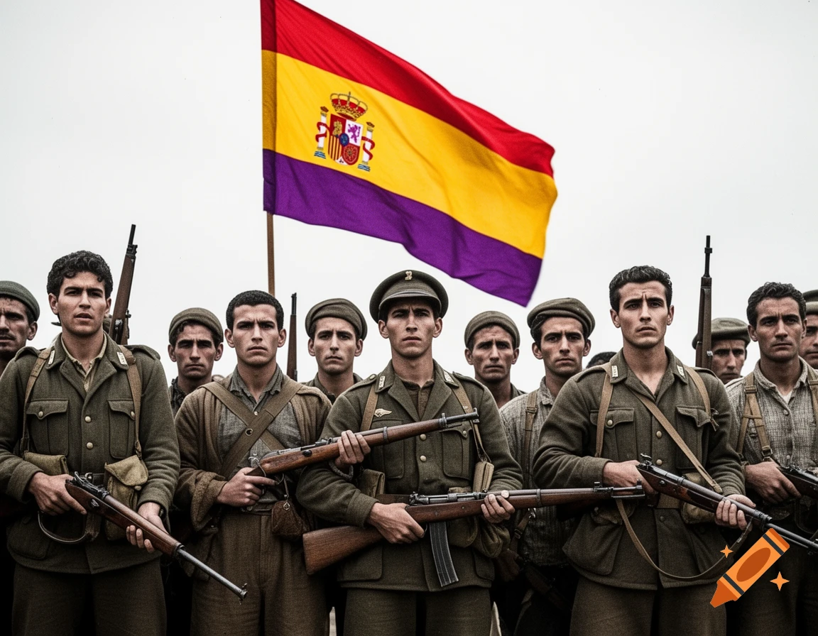 A group of serious-faced Republican soldiers in uniforms and civilian clothes, armed with rifles, stand beneath the red, yellow, and purple flag of the Second Spanish Republic, in a photorealistic style.
