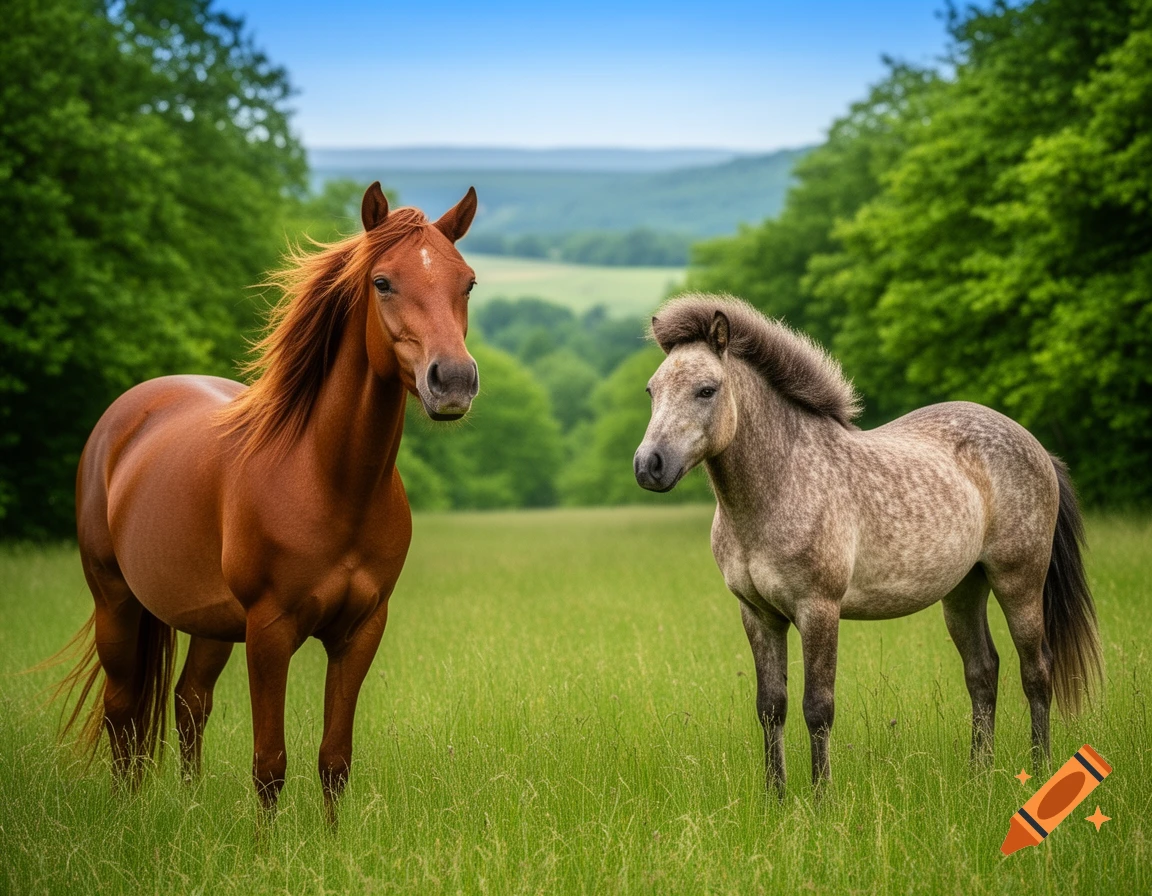 A brown horse and a grey pony stand in a lush green meadow under a blue sky, surrounded by trees.