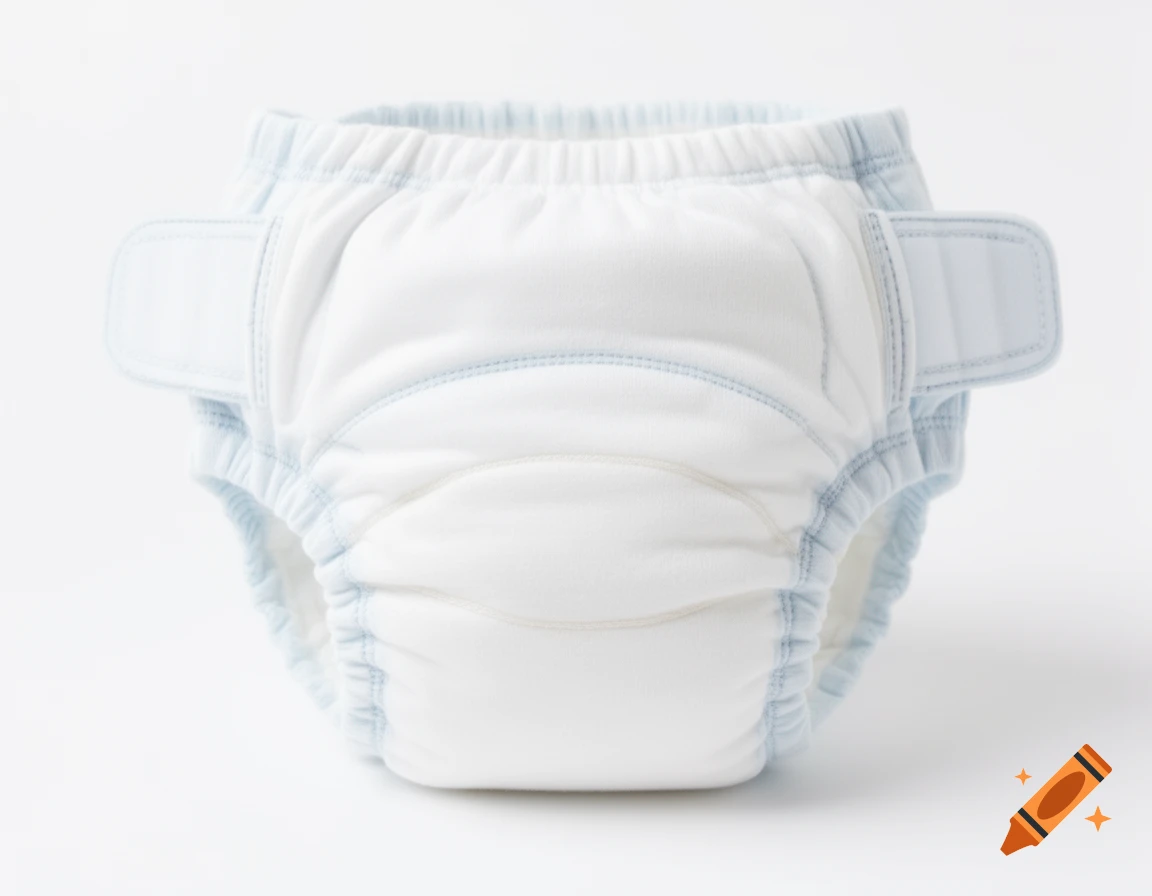 A clean white baby diaper with light blue stitching and velcro tabs on a white background.