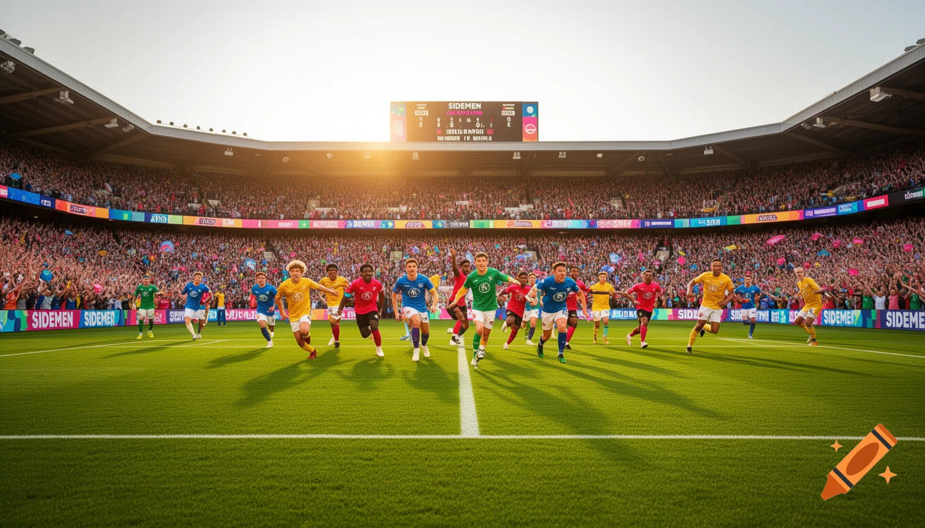 Photorealistic image of soccer players running on a green pitch in a crowded stadium with 'SIDEMEN' on the scoreboard and LED banners.