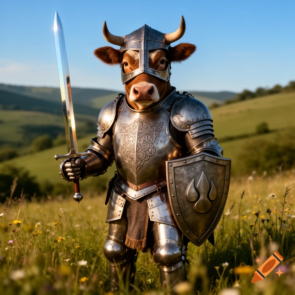 A photorealistic image of a cow wearing full knight armor, holding a shining sword and a shield, standing in a lush green field.