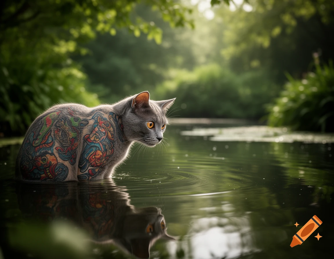 A photorealistic grey cat with vibrant tattoos on its back stands in still green water, gazing at its reflection.