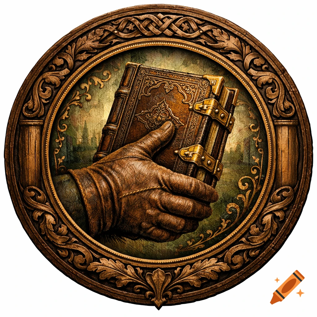 A gloved hand holds an ornate, leather-bound book with brass clasps, set within a circular, intricately carved wooden frame.