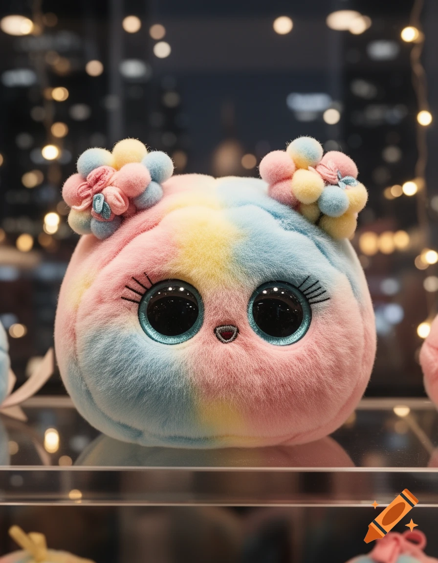A fluffy, round, pastel rainbow toy with big black eyes and small flower pom-poms on its head, against blurred city lights.