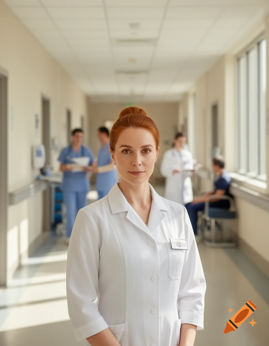 A female nurse with red hair in a white coat stands in a hospital hallway, with blurred medical staff in the background.