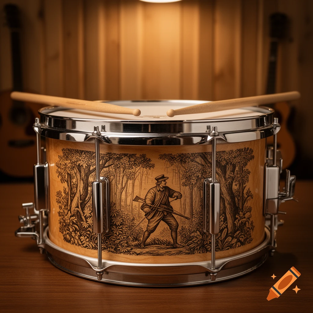 Photorealistic snare drum with an engraved hunter in a forest, drumsticks resting on top.