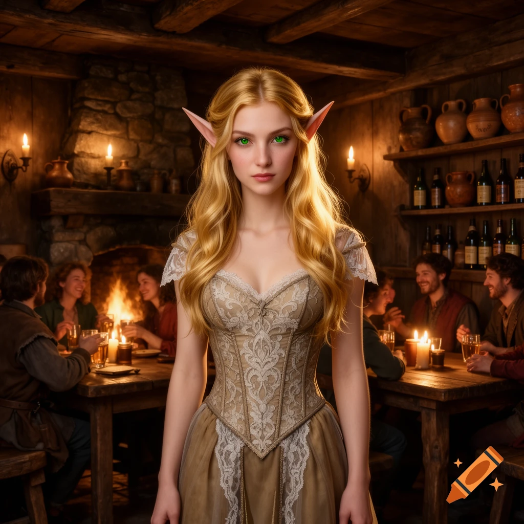 A beautiful blonde elf with green eyes in an ornate corset stands in a rustic tavern. People drink by a fireplace.