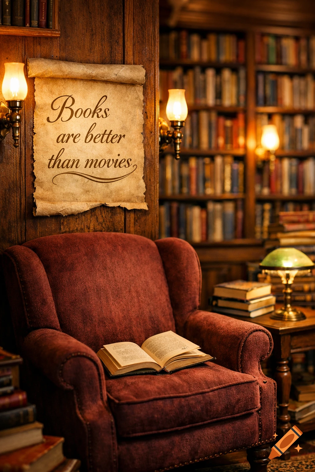 A cozy library features a red armchair with an open book, a desk lamp, and shelves filled with books. A scroll on the wall reads 'Books are better than movies'.