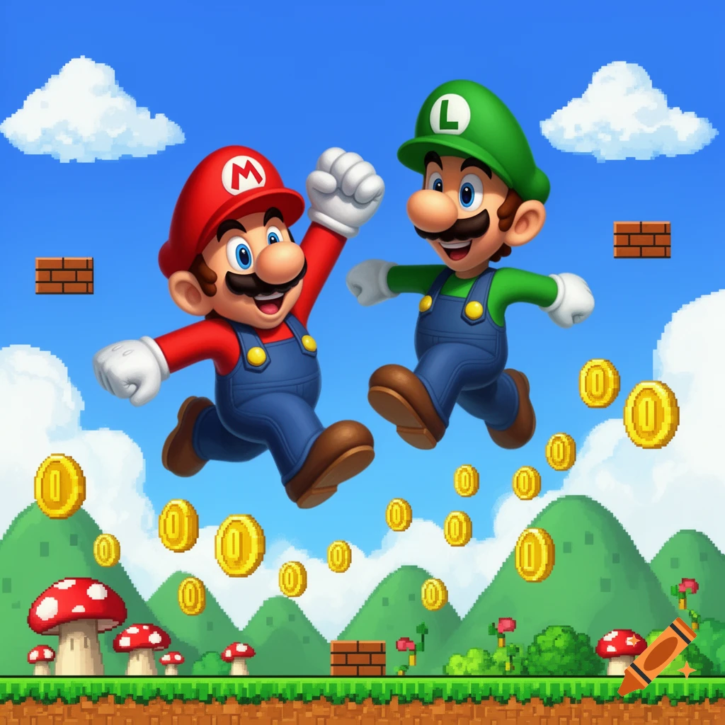 Mario and Luigi jump in a vibrant Super Mario Bros. level, surrounded by pixelated mountains, clouds, coins, and mushrooms.
