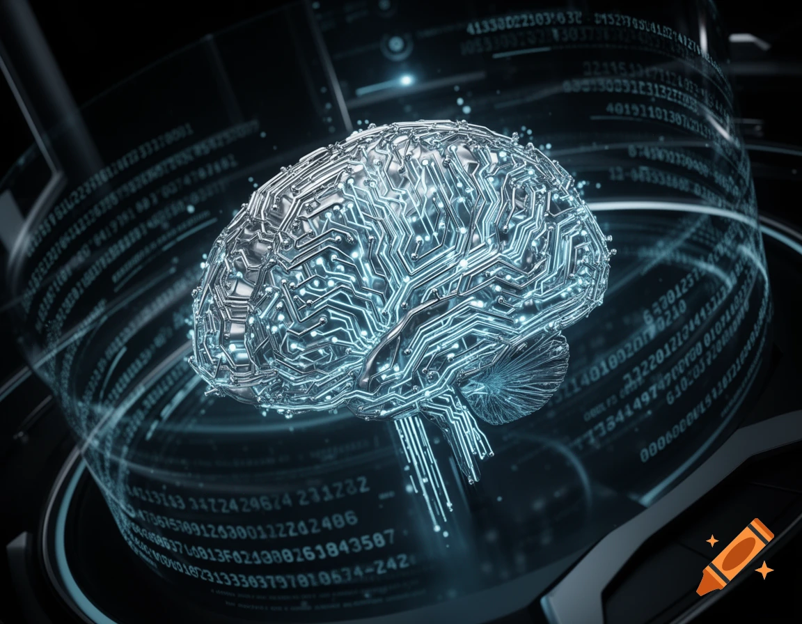 A futuristic metallic brain with glowing blue circuits, surrounded by digital data streams against a dark, high-tech background.