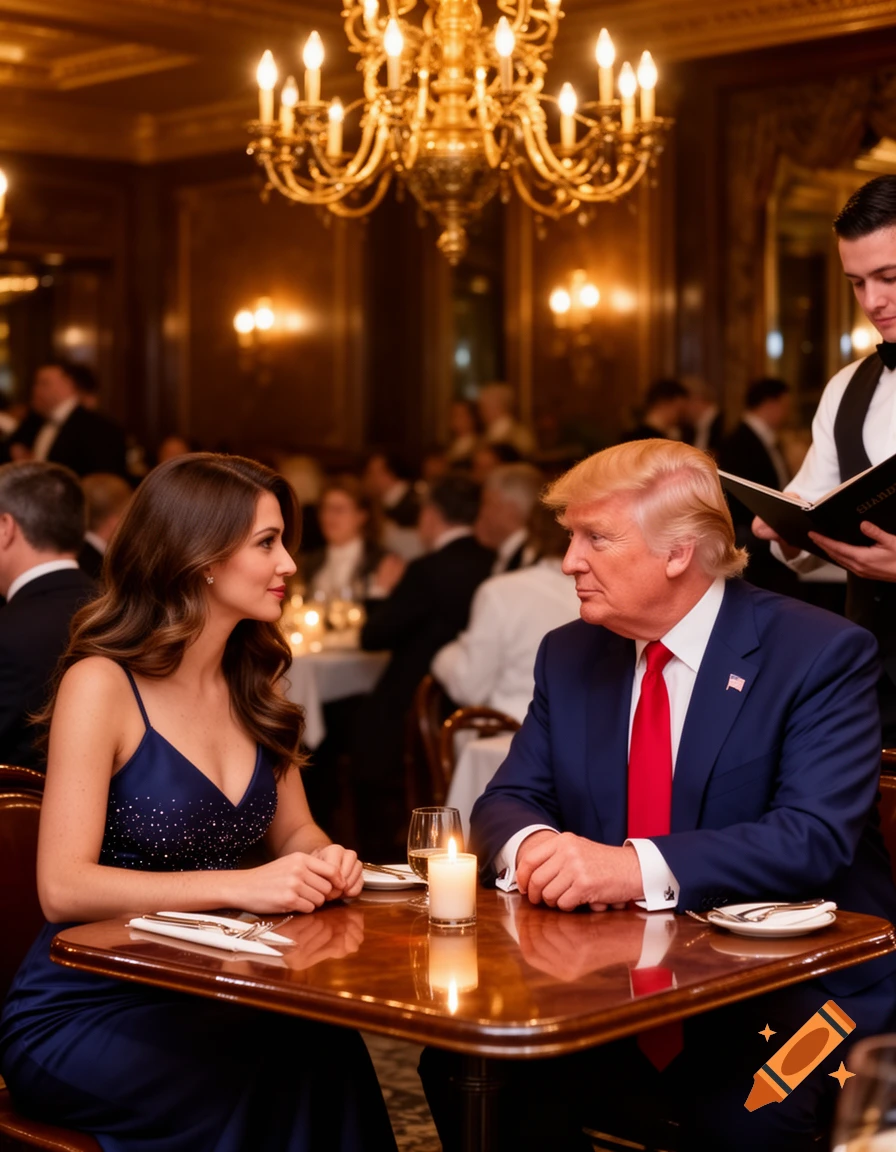 Donald Trump and Erika Kirk are seated across from each other at a polished wooden table in a dimly lit, elegant restaurant, with a waiter standing nearby.