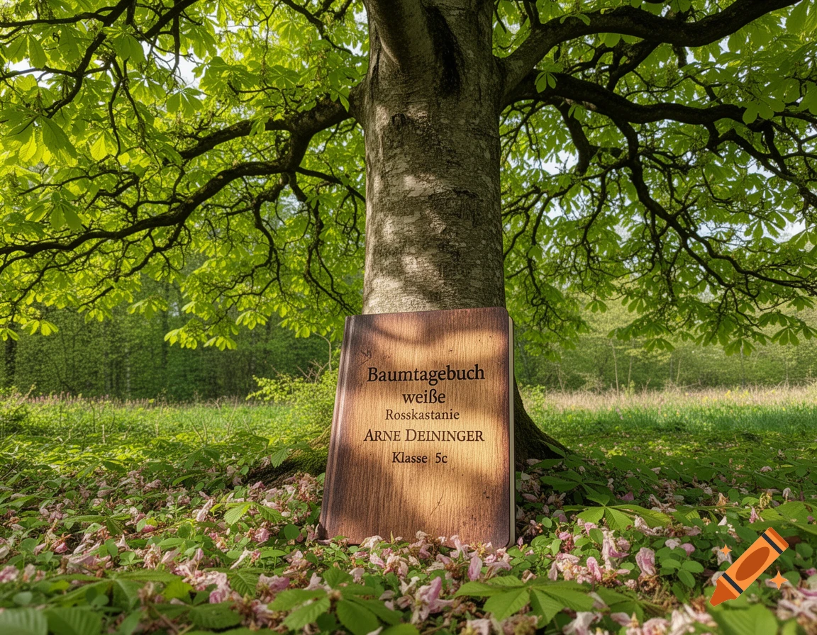 A rustic wooden book titled "Baumtagebuch" leans against a large tree trunk in a vibrant green forest, surrounded by pink flowers on the ground.