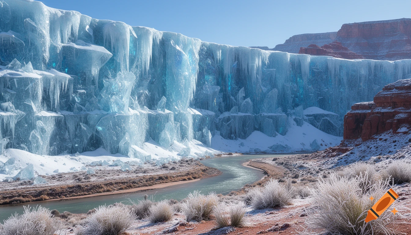 A massive wall of translucent blue ice blocks a red rock canyon with a winding river and frosted bushes, photorealistic.