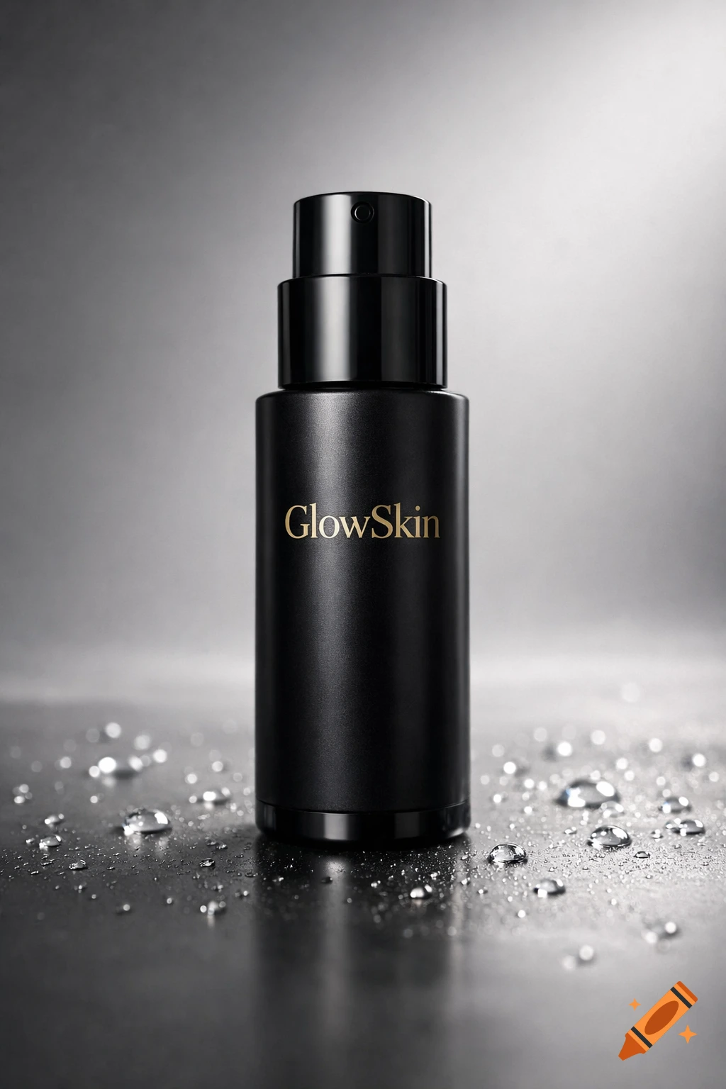 Black bottle of GlowSkin skincare product on a wet, reflective dark surface, lit dramatically.