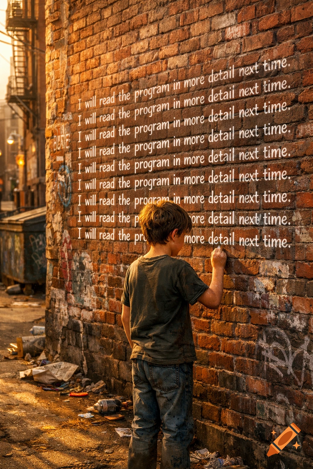 A young boy writes "I will read the program in more detail next time." repeatedly on a brick wall in a dirty urban alley at sunset, photorealistic.