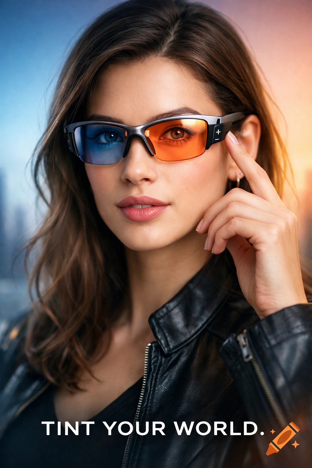 A young woman wearing stylish black glasses with blue and orange tinted lenses looks forward, with text "TINT YOUR WORLD."