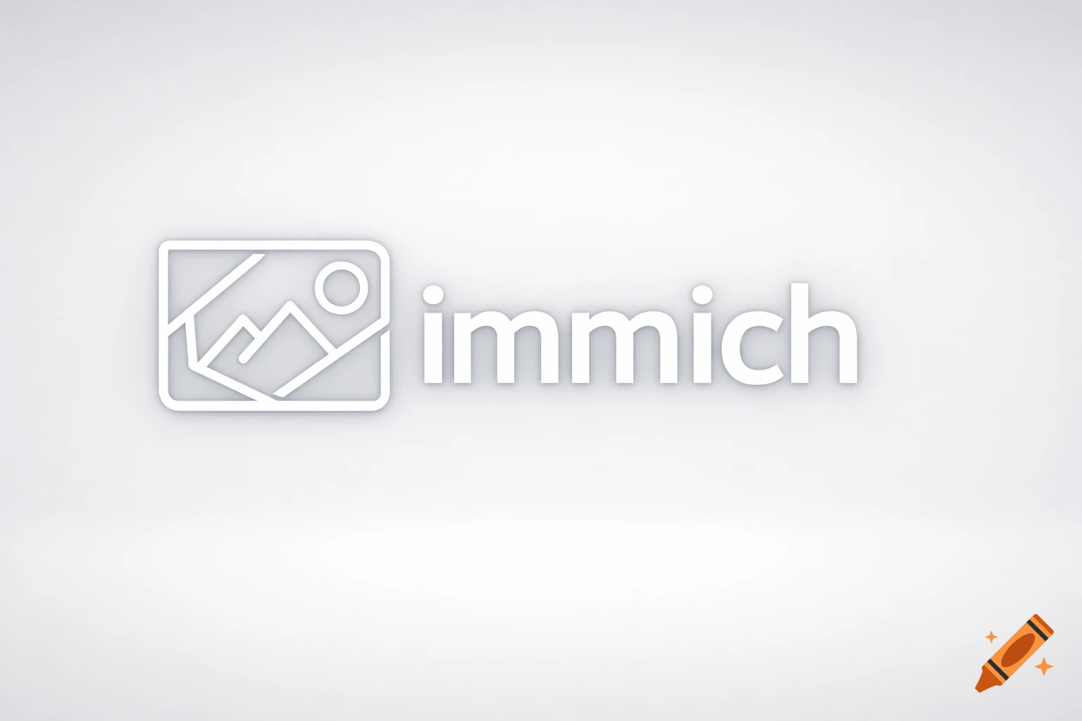 White 3D rendered logo for 'immich' featuring an abstract landscape icon with mountains and a sun within a square frame.