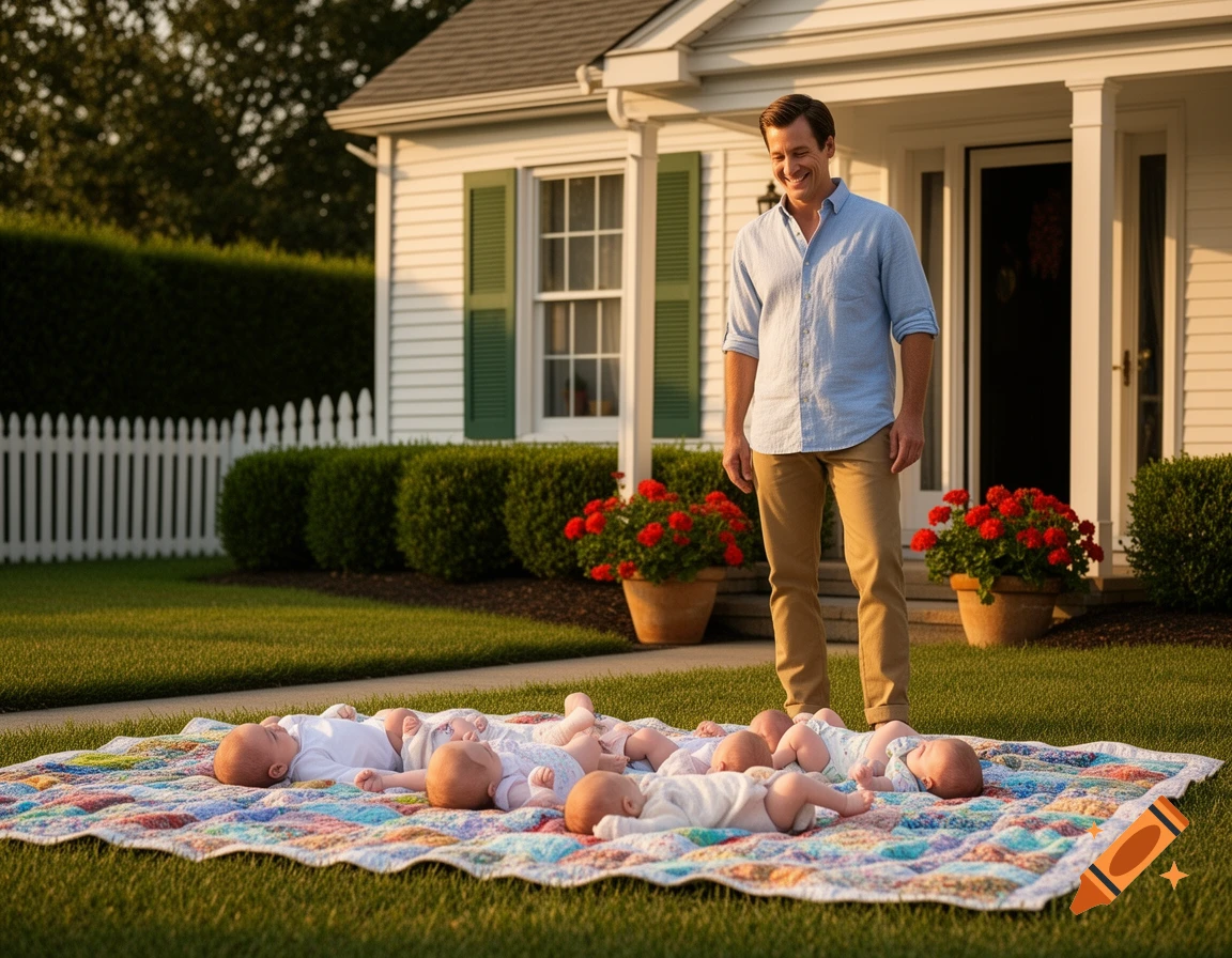 A man smiling while standing in a sunny front yard, looking down at many babies lying on a colorful quilted blanket on the grass.