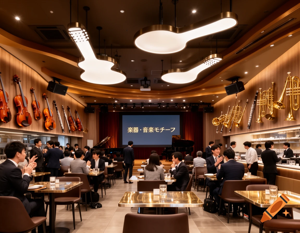 A bustling restaurant interior with musical instrument decor and instrument-shaped ceiling lights. People dine and socialize, with a stage and piano in the background.