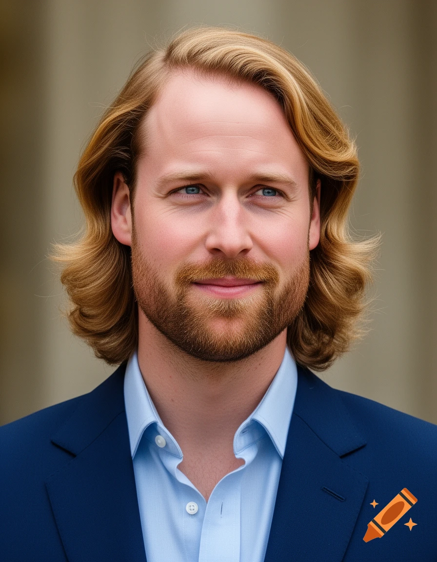 Photorealistic portrait of a smiling man with shoulder-length golden brown hair and a beard, wearing a navy suit and light blue shirt.