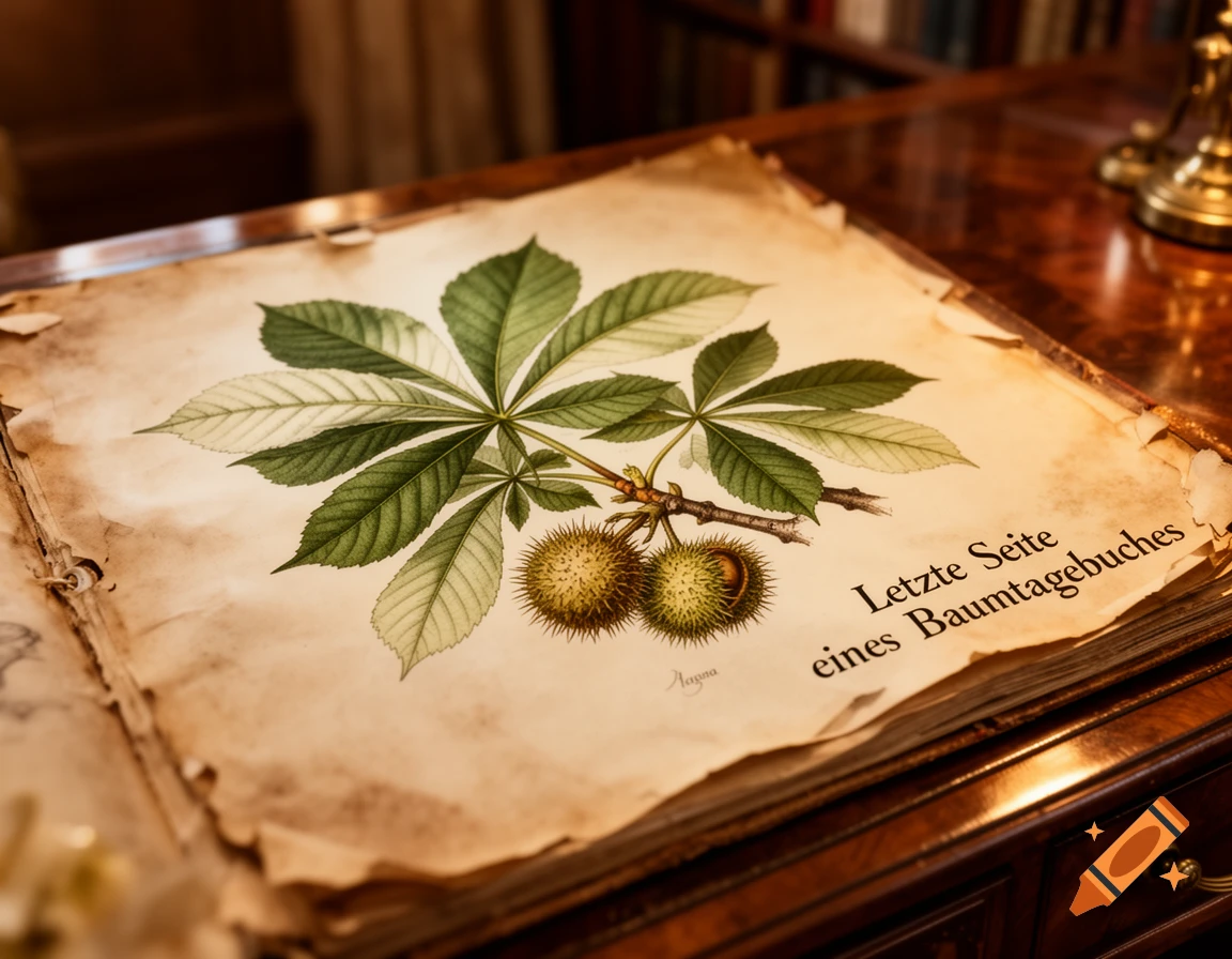An old open book with a botanical illustration of a horse chestnut branch with leaves and two spiky fruits, lying on a wooden desk. Text on the page reads "Letzte Seite eines Baumtagebuches".