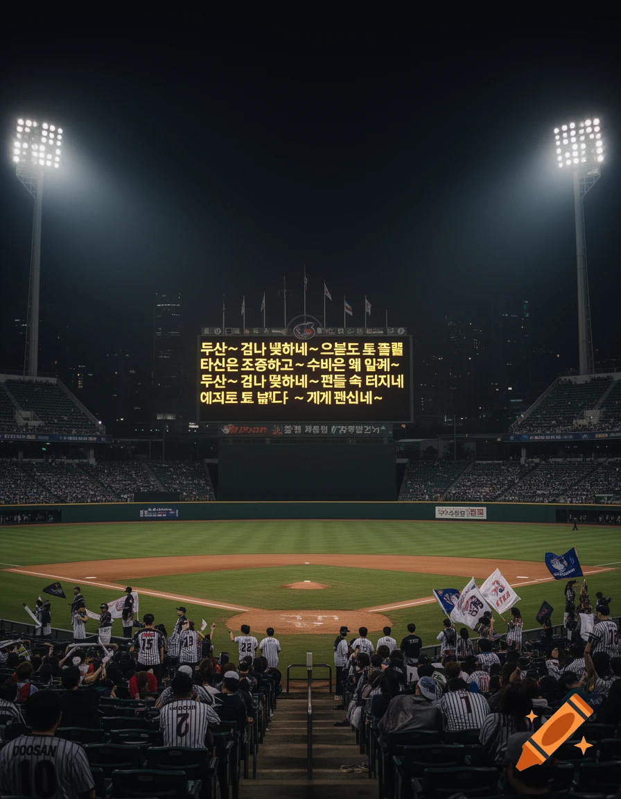 A night view of a crowded baseball stadium with players on the field and spectators in the stands, featuring a large scoreboard displaying Korean text.