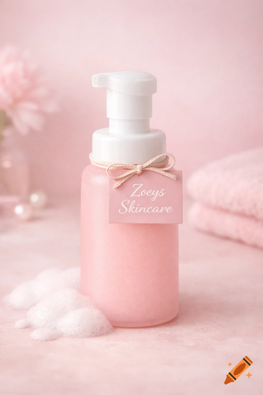 A pink face wash pump bottle with a 'Zoeys Skincare' label and white foam at its base, on a soft pink background.