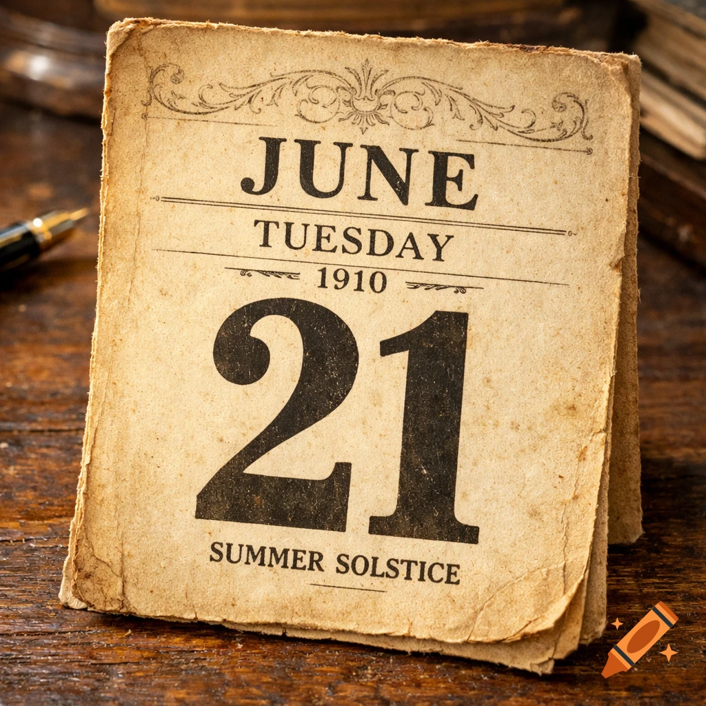 A close-up shot of an old, tattered paper calendar page showing June 21, 1910, Tuesday, and Summer Solstice, on a wooden surface.