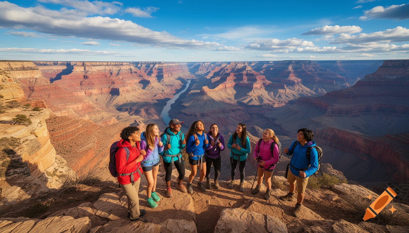 A group of teenagers with backpacks stand on a cliff overlooking the vast Grand Canyon with a river below on a sunny day.