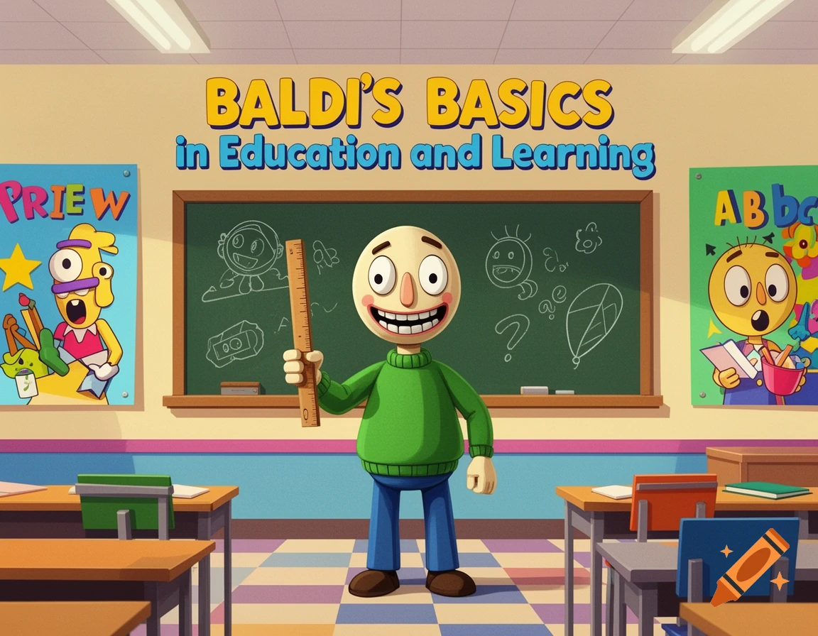 Cartoon character Baldi holding a ruler in a classroom with a chalkboard and colorful posters.