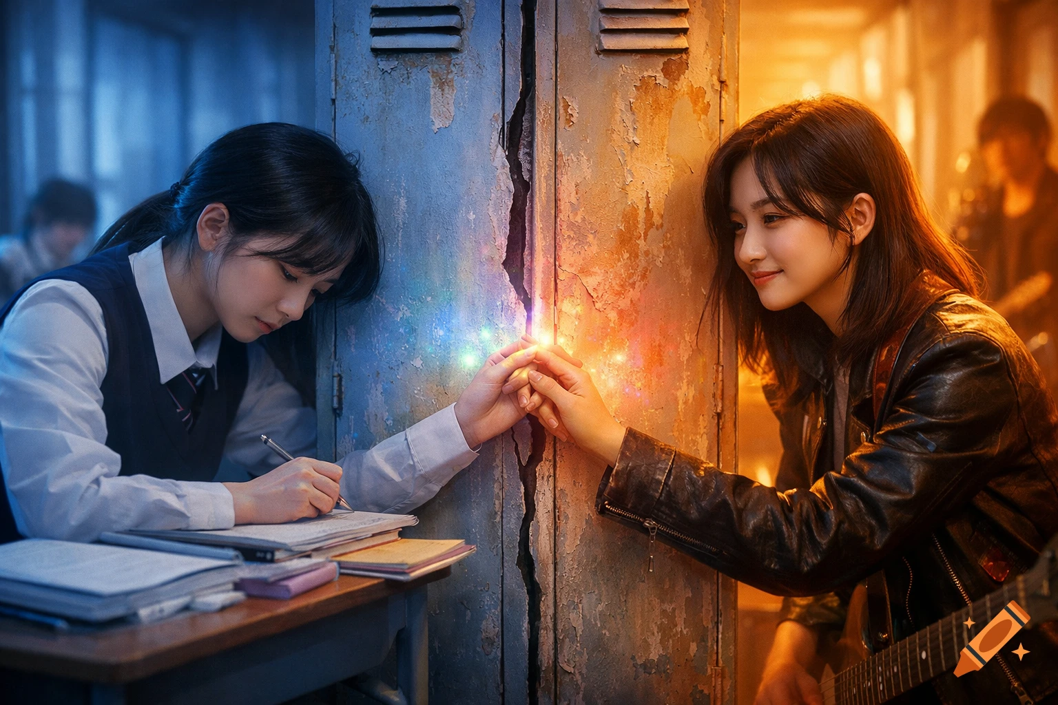 Two young women, one in school uniform and one in a leather jacket, reach through a cracked locker to hold hands, bathed in blue and orange light.