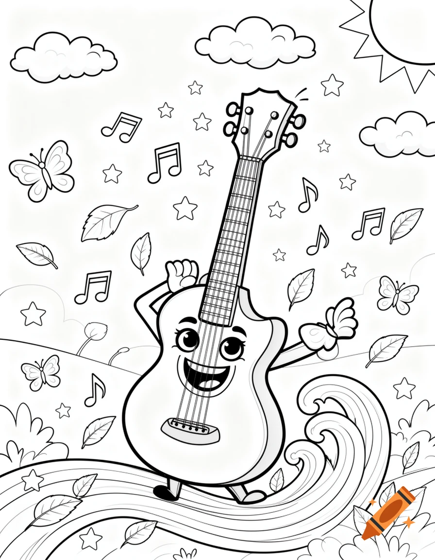 A black and white coloring page of a smiling cartoon guitar with arms and legs, surrounded by musical notes, stars, butterflies, and leaves.